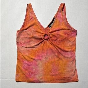 DKNY JEANS Women's‎ Y2K Pink Orange Tank Top Keyhole Ring Ruched Detail Size L